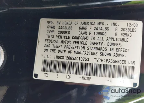 2009 Honda Accord 2.4 Ex-L z USA, uszkodzony, nr VIN 1HGCS12889A010753